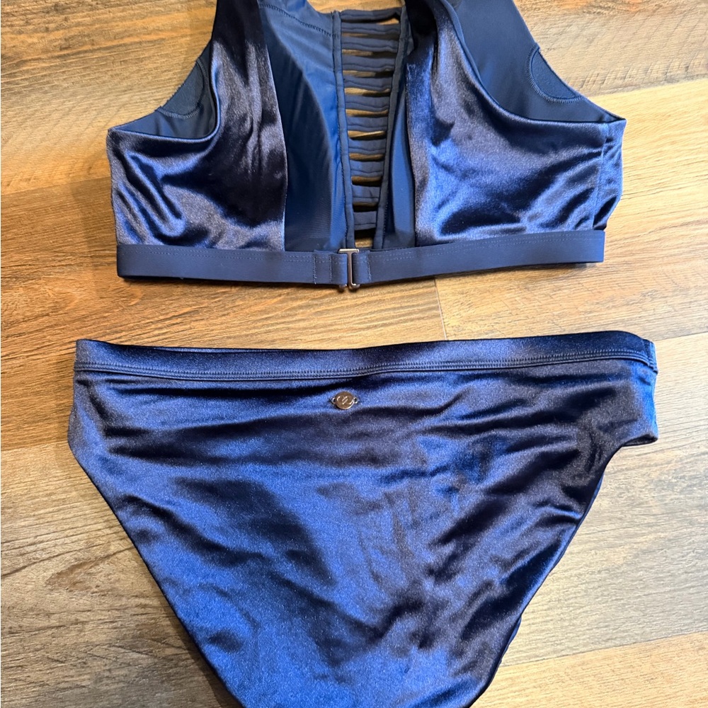 CALIA by Carrie Underwood Navy Satin Ladder-Front Bikini Set - Picture 2 of 2